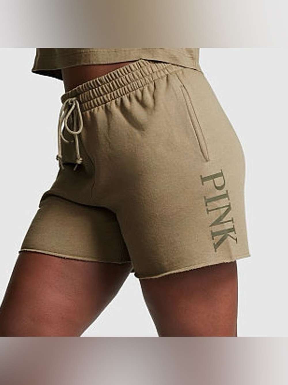 PINK Victoria's Secret Olive Green Fleece Lounge Shorts Raw Hem Womens SMALL